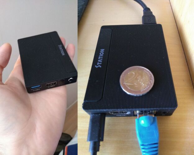 Credit-card sized, inside a metal enclosure